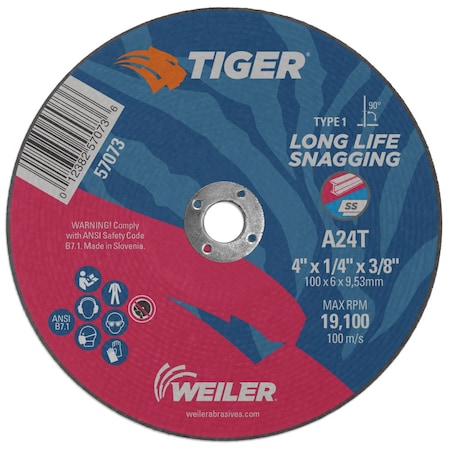 Weiler Type 1, 4 in Dia, 1/4 IN Thick, Aluminum Oxide, 24 Grit 57073
